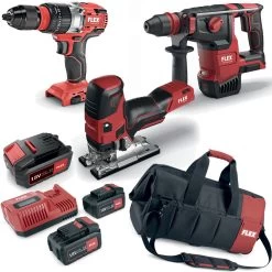 FLEX PACK Akku Bohrhammer Stichsäge Schlagschrauber 3x Akku + LG + Tasche