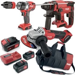 FLEX PACK Akku Bohrhammer Winkelschleifer Stichsäge 3x Akku LG + Tasche